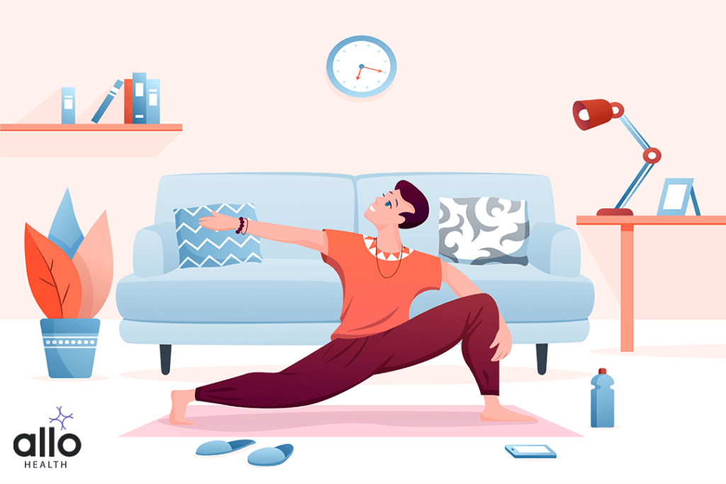 Erectile Dysfunction Exercises 1 Cartoon happy man character practicing yogi asana exercises for Erectile Dysfunction in home.