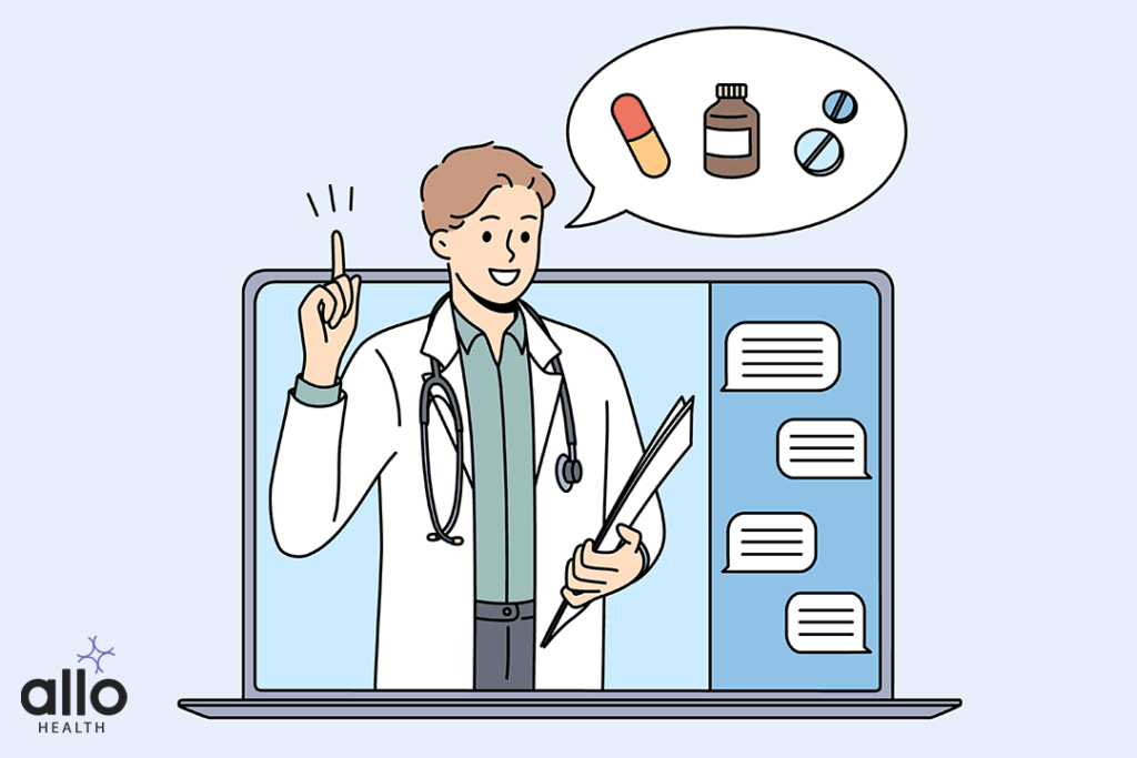 Erectile Dysfunction Treatment 2 Young smiling doctor standing and showing pointing at Medical Treatment For Erectile Dysfunction in online from laptop screen