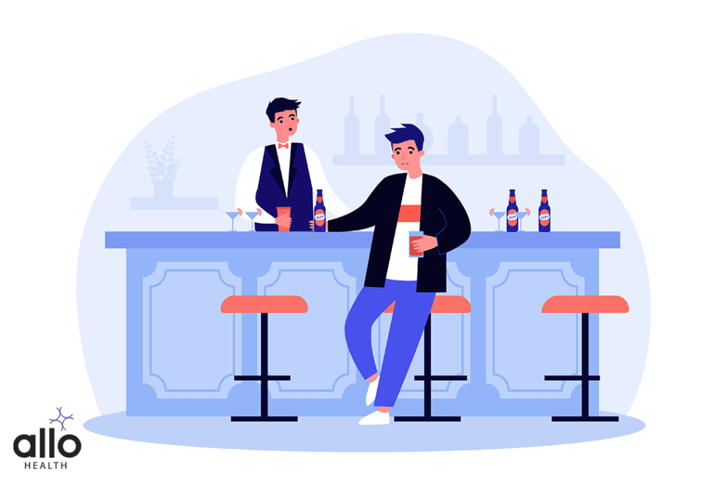 Complications & Prevention Of Erectile Dysfunction 3 man drinking alcohol in bar. Depressed male character with sexual life problems