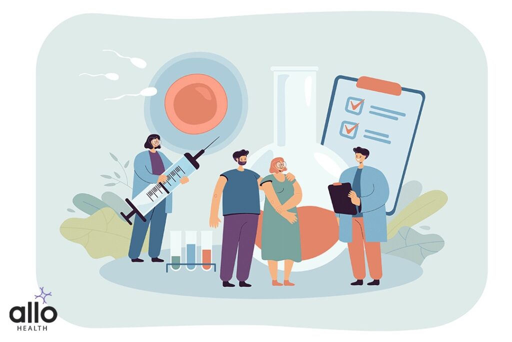Doctors working on infertility treatment for female, male characters. Couple having fertility problem looking for medical aid in clinic flat vector illustration. Pregnancy, reproductive health concept