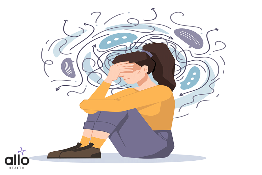 Anxiety, woman fears and phobias, thoughts get confused and crushed isolated girl sitting on floor with headache due to Anorgasmia