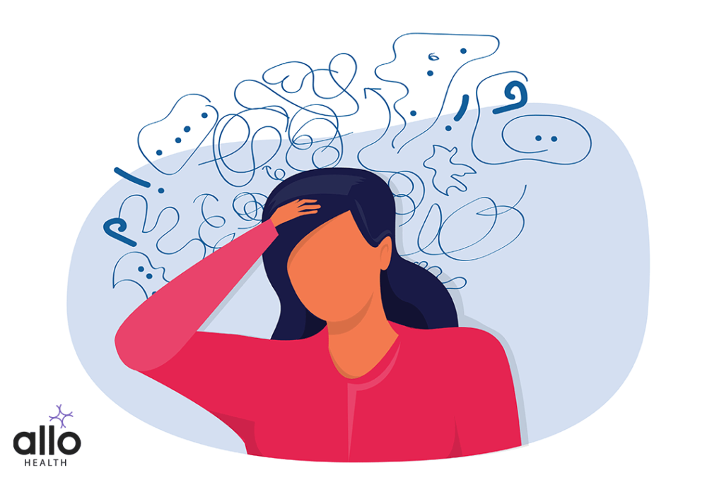 woman suffers from obsessive thoughts; headache; unresolved issues; psychological trauma; depression. Mental stress panic mind disorder illustration