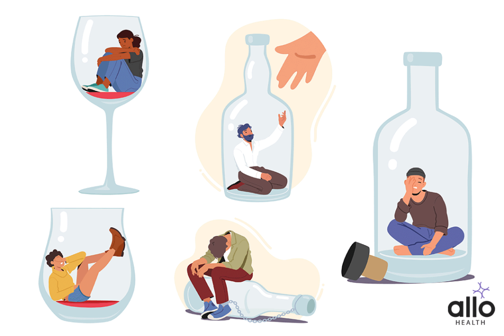 Alcohol Addiction And Sexual Dysfunction 1 Set of People with Alcohol Addiction. Concept with Male and Female Characters Sitting on Wineglass or Bottle Bottom