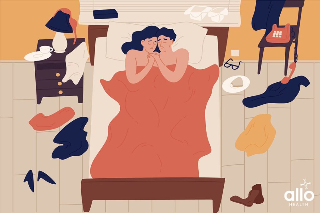First Time Sex: All You Need To Know 2 male and female sleeping on bed and discussing about sex positions