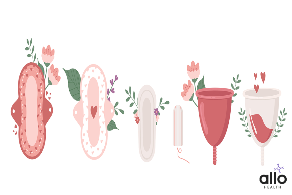 Menstrual hygiene kit for women. Flat style illustration of pads, tampons, menstrual cups. Vector