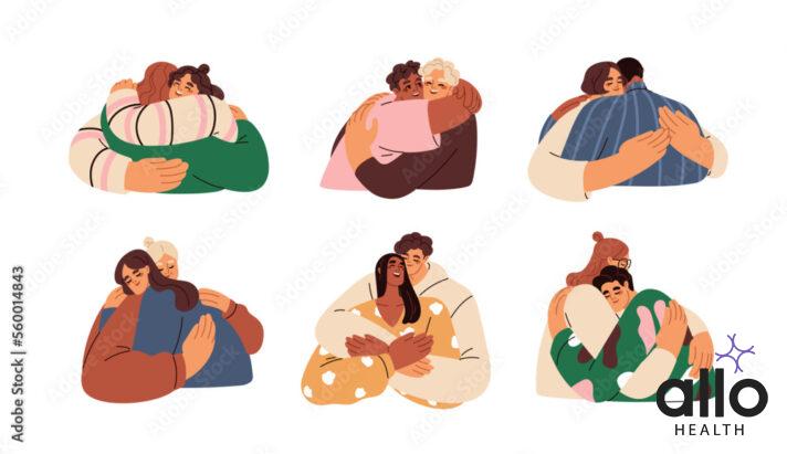 stages of a relationship Happy people hugging set. Friends, couples, families embracing, cuddling. Love, support and trust in different relationships concept. Flat graphic vector illustrations isolated on white background 