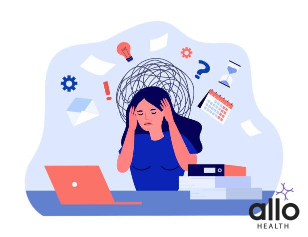 Pornography Addiction and Depression - Confused female employee with chaos in head. Frustrated overworked woman with work problem flat vector illustration. Burnout, neurosis, stress, concept for banner, website design or landing web page 