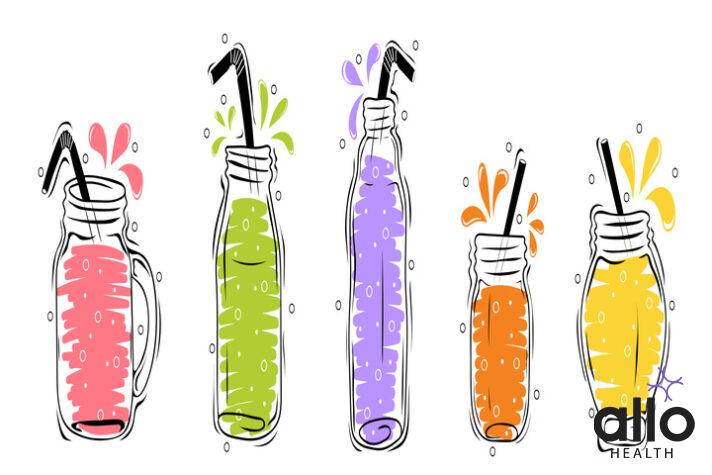 Set of non alcoholic drinks in glass bottles and jars. Healthy food or Detox concept. Hand drawn vector elements of smoothies, lemonade, fresh, juice, detox and fruits in sketch