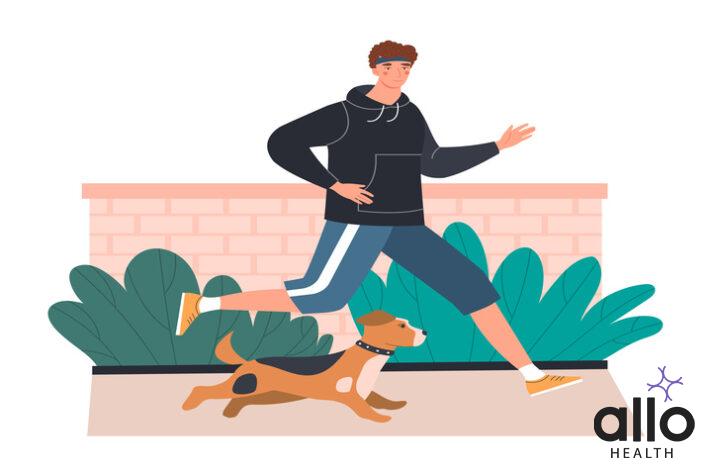 Man out jogging accompanied by his dog in a healthy active lifestyle and fitness concept, colored vector illustration