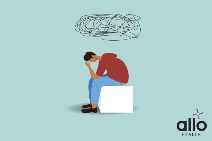Young person with chaos in her thoughts. Flat vector stock illustration is isolated. Bad mood, shock, depression and confusion. Mental problems of man, masturbation ideas