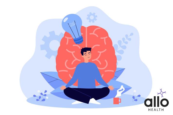 Cartoon young man practicing meditation flat vector illustration, masturbate sleep