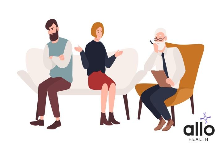 couples therapy, couple talking to therapist, repairing relationship illustration Treatment and Support For Sexual Trauma and Disorders