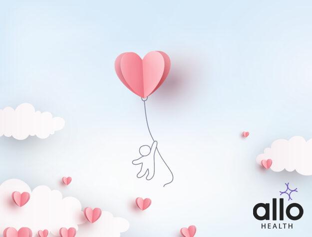 sex before marriage Pink heart flying balloon with man on blue sky background