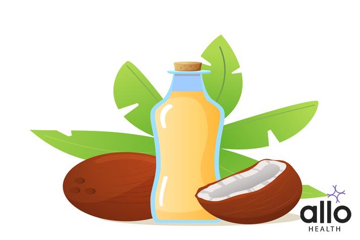 The Benefits Of Coconut Oil Massage For Erectile Dysfunction Coconut oil in a glass bottle with coco and palm leaves isolated on white background. Realistic illustration vector. Banner concept for cosmetics, cooking. Organic natural product.