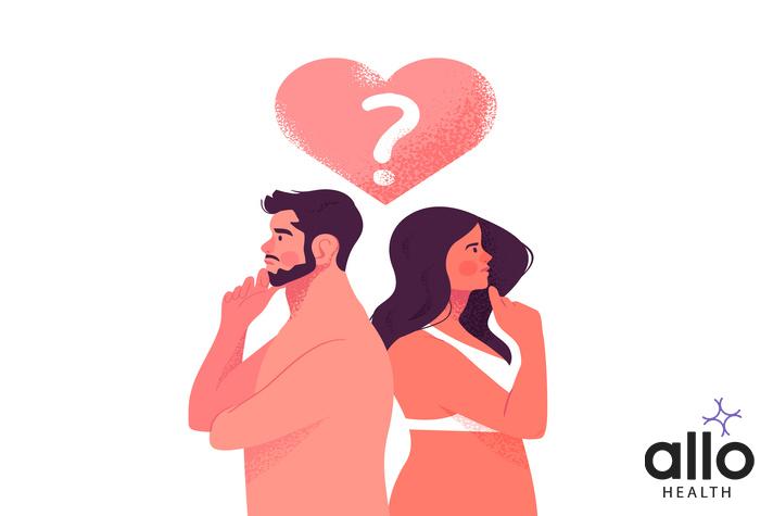 Hetrosexual couple thinking about love life, sexuality or relationship illustration