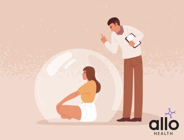 attachment styles in relationships Person avoiding conflict and ignoring shouting man. Calm and peaceful woman separated inside transparent glass bubble for meditation and saving mental health. Color flat textured vector illustration.