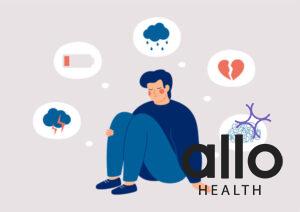 Sad man who suffers from mental health illness is sitting on the. sperm cramps