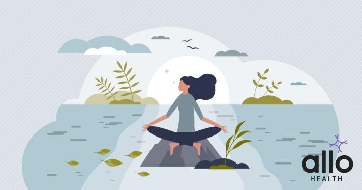 Mindfulness meditation, mental peace and yoga in nature tiny person concept. Calm balance with relaxation and wellness vector illustration. Spiritual mental practice with outdoors lotus posture