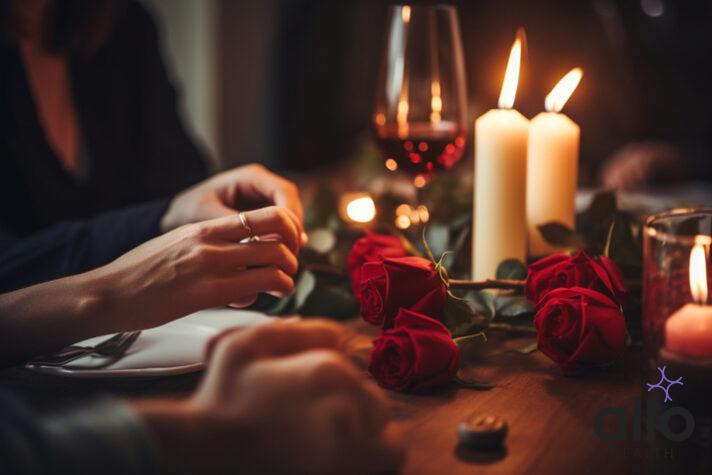 committed relationship meaning Unrecognizable,Couple at a candle light dinner date hands next to bouquet of red roses, kiss sexual
