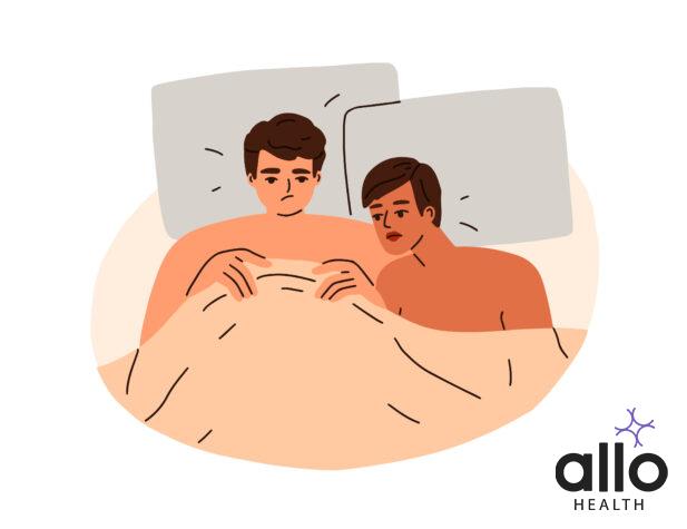 sexual dysfunction, penis size, two men in bed illustration